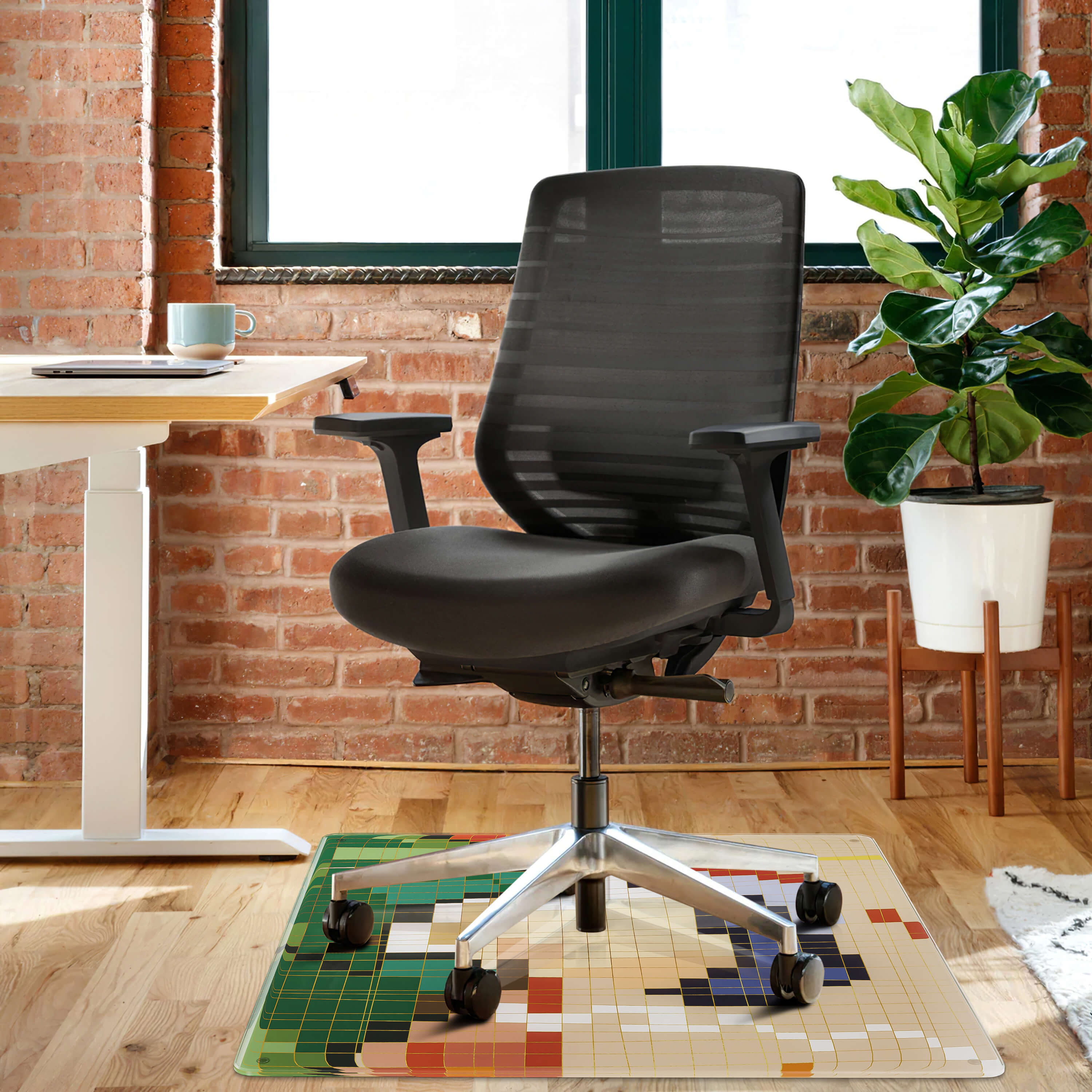 Checkered Picture Square Tempered Glass Office Chair Mat